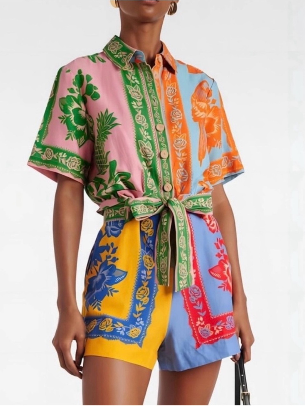 FARM Rio Multicolor Patchwork Short Romper with Tie Waist
